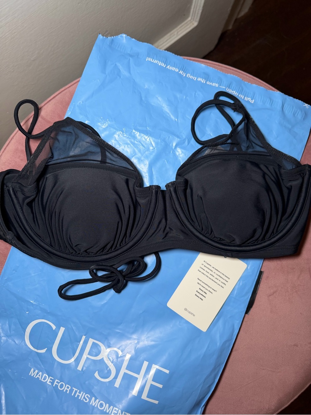 Cupshe Black Underwire Mesh-Panel Bikini Top and Bottoms